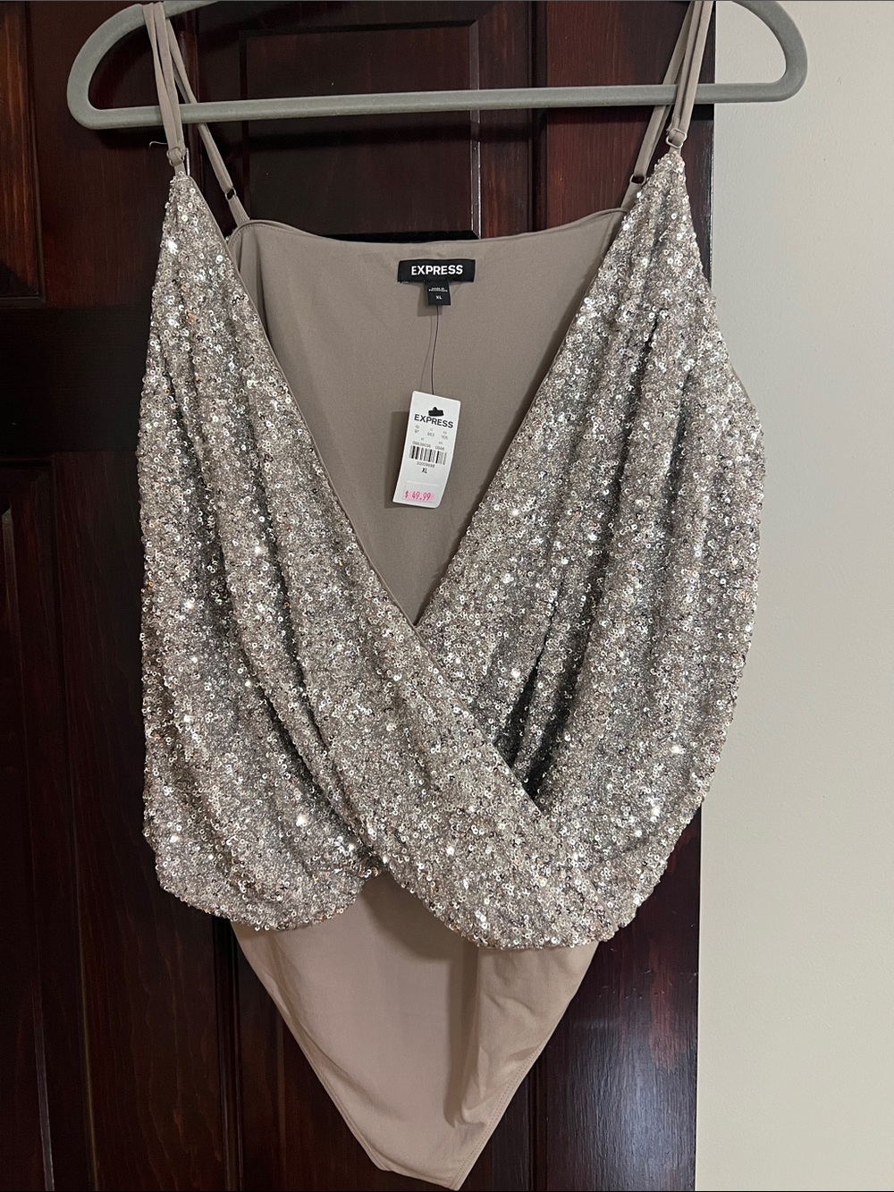 Express Silver Sequin Strapless Wrap Bodysuit